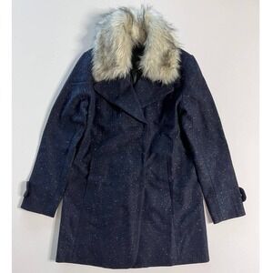 Collection B Double-Breasted Pea Coat Faux Fur Removable Collar Blue Women's S